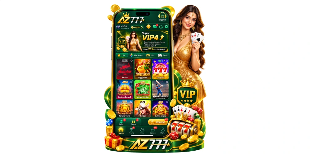 AZ777 Game home screen with VIP4 banner, slots, card games and gaming categories